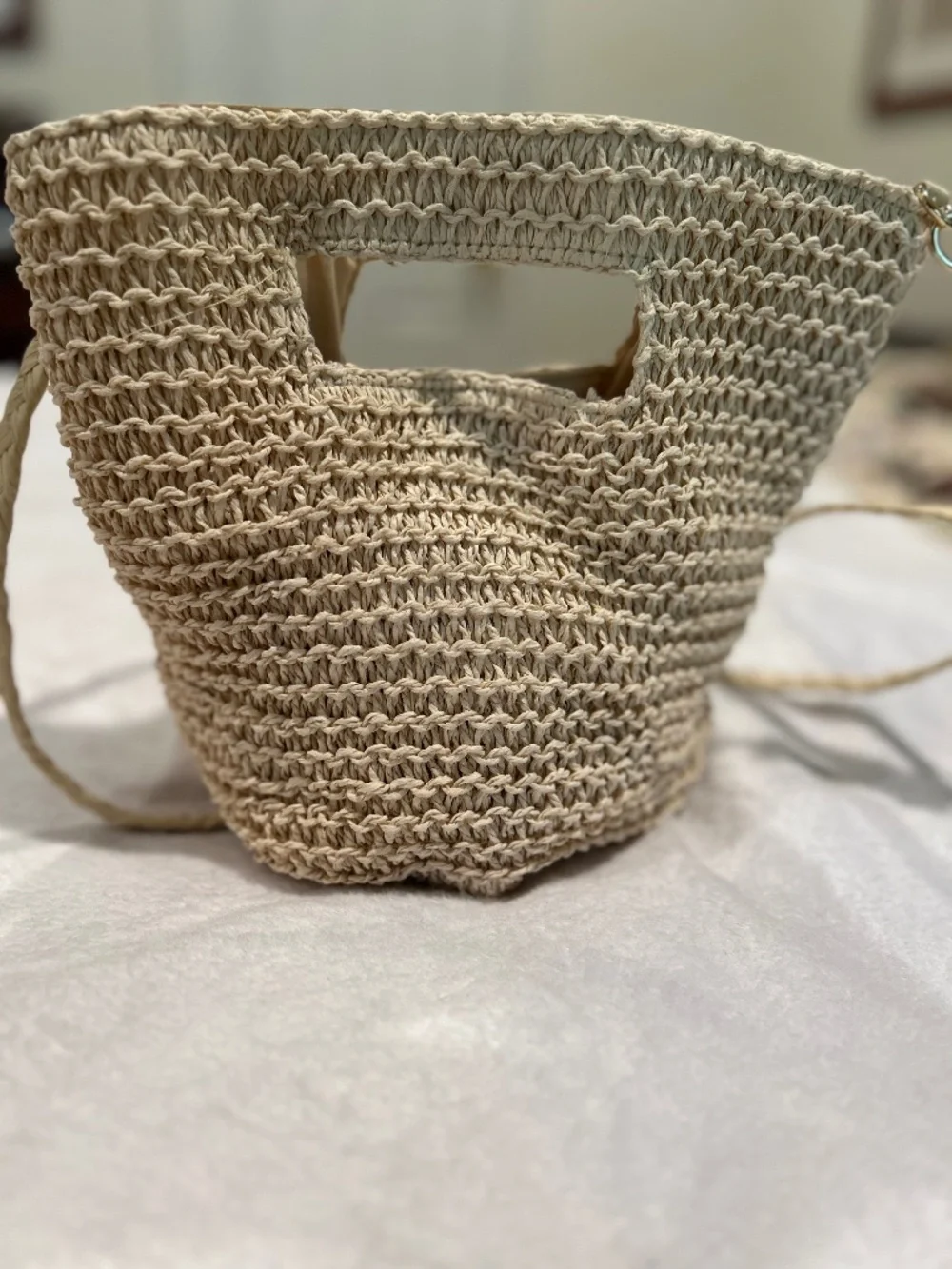 Woven Straw Raffia Cutout Handle Crossbody Beach Handbag Universal Thread - Picture 1 of 10